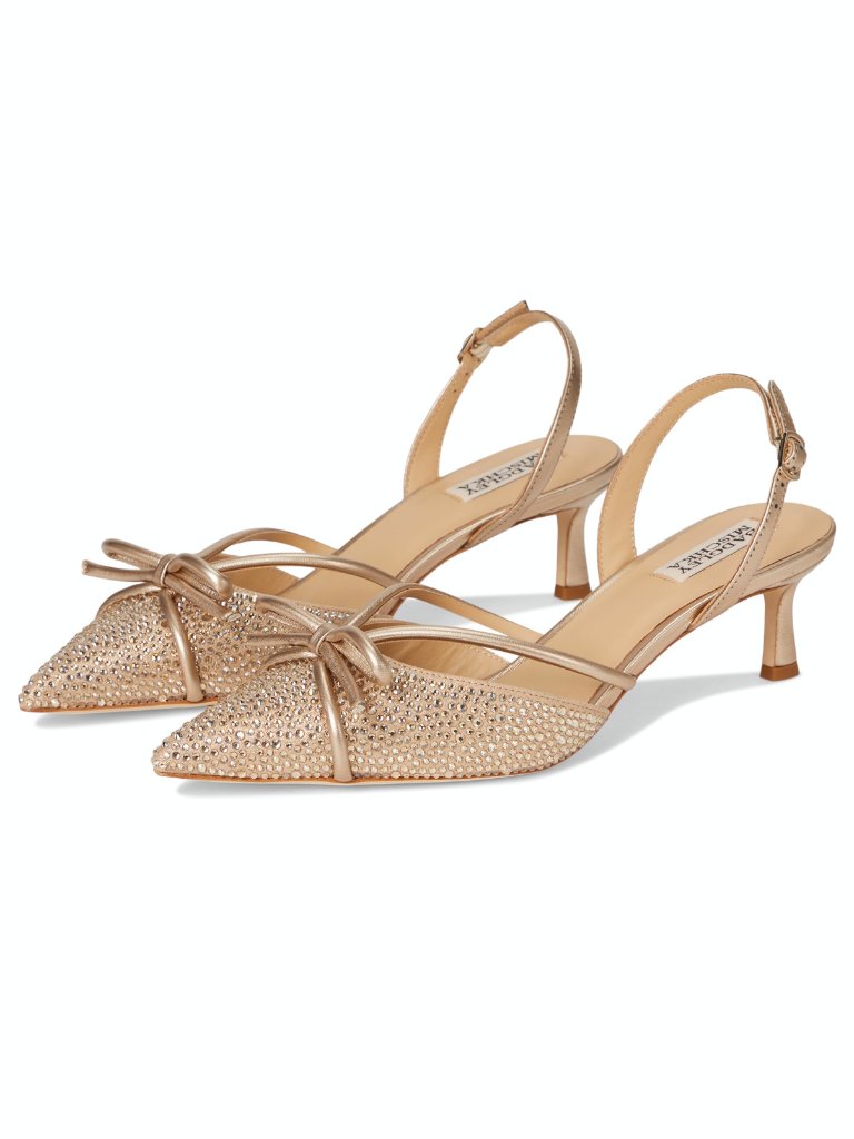 Badgley Mischka Angelina Slingback Kitten Heels Gold W/ Pearled Bow